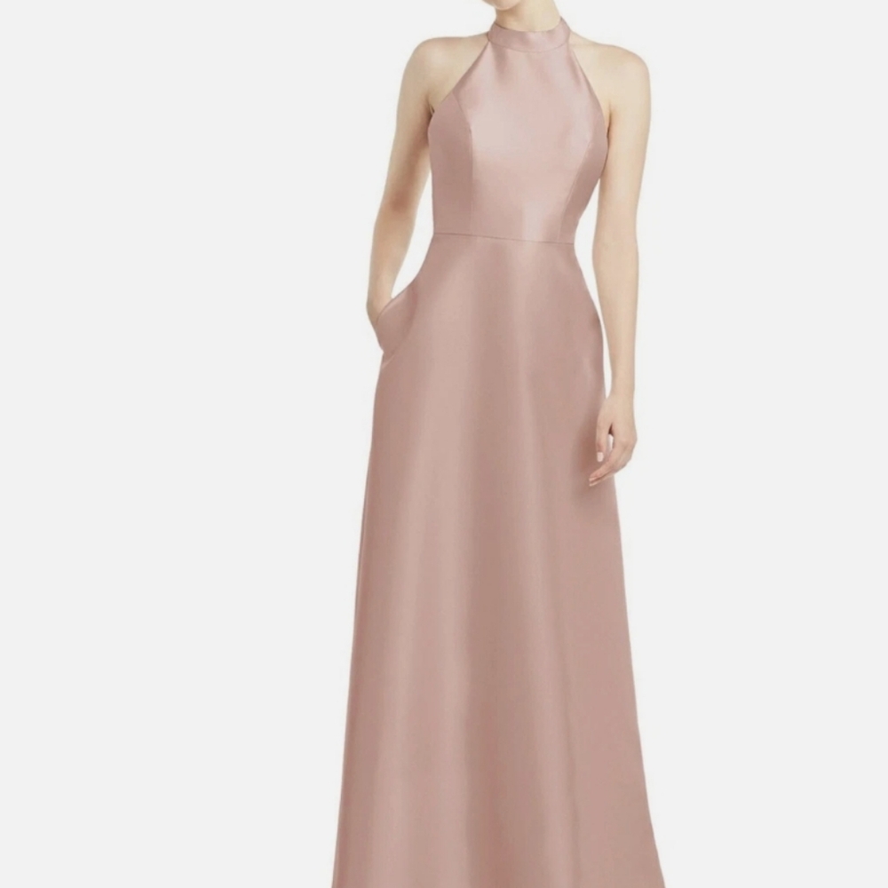 Alfred Sung D772 High Neck Cutout Satin Twill Dress, Toasted Sugar,Size 2,NWT